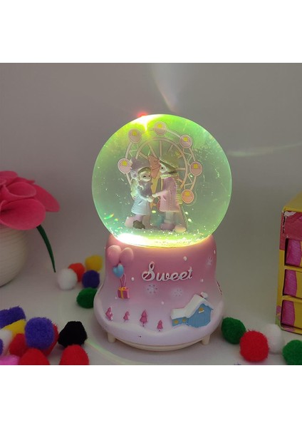 Sweet Dönme Dolap Önünde Aşıklar Işıklı Müzikli Püskürtmeli Kar Küresi - Pembe