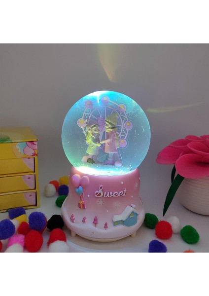 Sweet Dönme Dolap Önünde Aşıklar Işıklı Müzikli Püskürtmeli Kar Küresi - Pembe