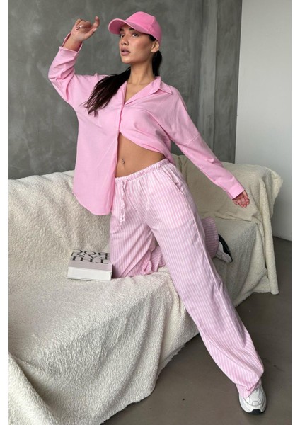 Pembe Beli Ayarlanabilir Çizgili Cepli Bol Paça Kadın Pantolon MG2312