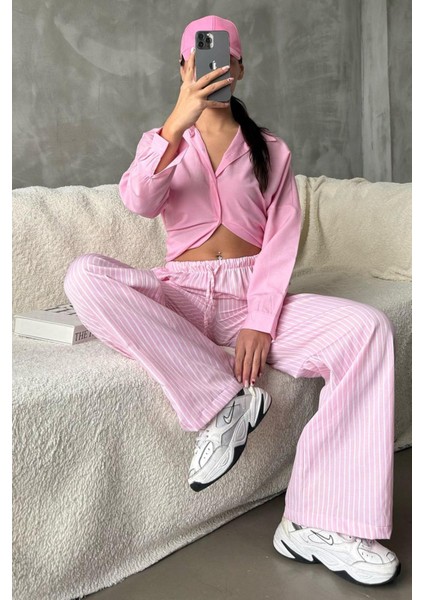 Pembe Beli Ayarlanabilir Çizgili Cepli Bol Paça Kadın Pantolon MG2312 fırsatları