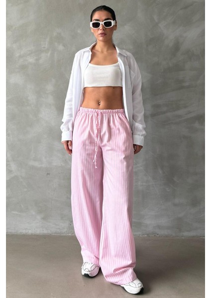 Pembe Beli Ayarlanabilir Çizgili Cepli Bol Paça Kadın Pantolon MG2312 fiyatları