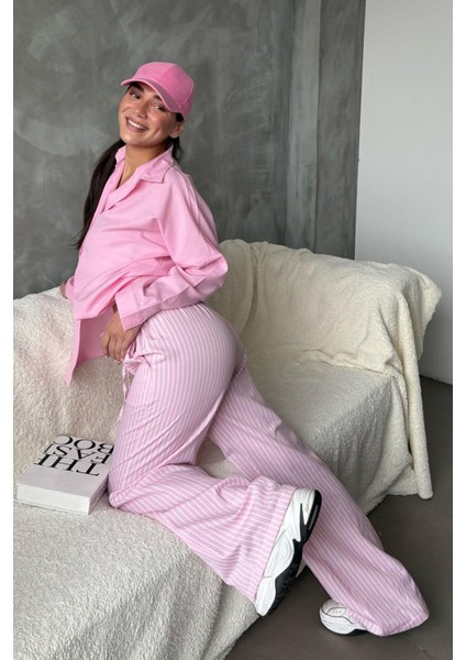 Pembe Beli Ayarlanabilir Çizgili Cepli Bol Paça Kadın Pantolon MG2312 modelleri