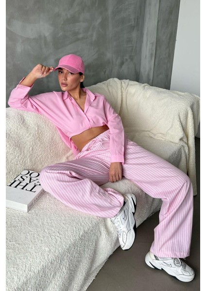 Pembe Beli Ayarlanabilir Çizgili Cepli Bol Paça Kadın Pantolon MG2312 indirimleri