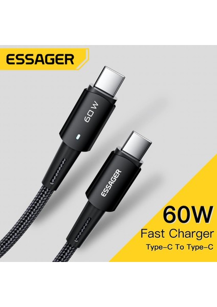 LED Işıklı 1metre Qc4.0 Pd 60W Type-C To Type-C Şarj Kablosu Örgü Şarj Akım Korumalı