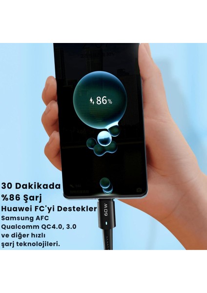 LED Işıklı 1metre Qc4.0 Pd 60W Type-C To Type-C Şarj Kablosu Örgü Şarj Akım Korumalı