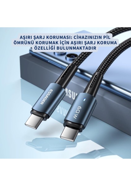 LED Işıklı 1metre Qc4.0 Pd 60W Type-C To Type-C Şarj Kablosu Örgü Şarj Akım Korumalı