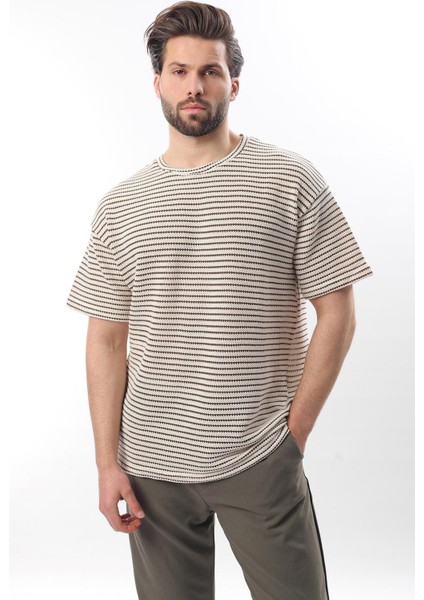 Kahverengi Bisiklet Yaka Pamuklu Çizgili Erkek T-Shirt E7121