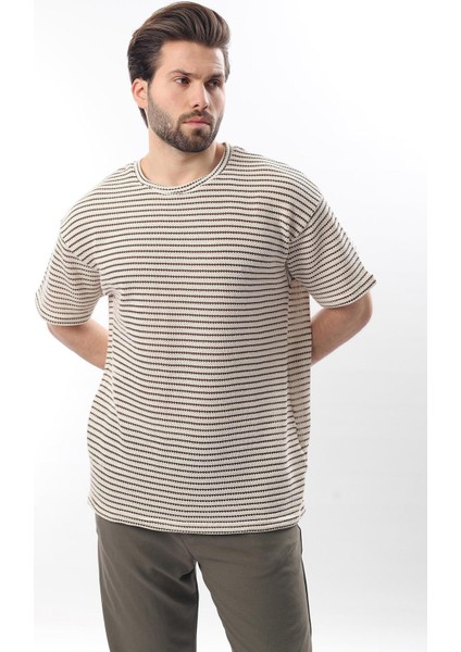 Kahverengi Bisiklet Yaka Pamuklu Çizgili Erkek T-Shirt E7121 fiyatları