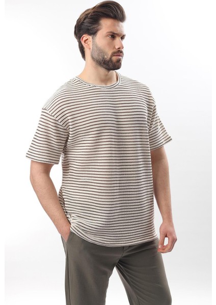 Kahverengi Bisiklet Yaka Pamuklu Çizgili Erkek T-Shirt E7121 fırsatları