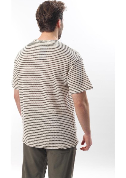 Kahverengi Bisiklet Yaka Pamuklu Çizgili Erkek T-Shirt E7121 indirimleri