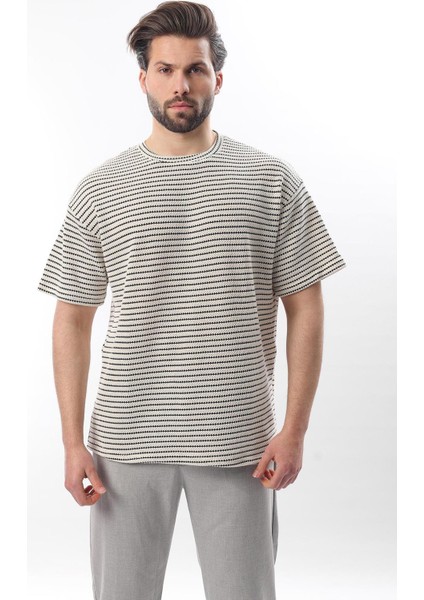 Siyah Bisiklet Yaka Pamuklu Çizgili Erkek T-Shirt E7121