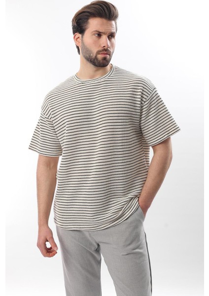Siyah Bisiklet Yaka Pamuklu Çizgili Erkek T-Shirt E7121 fiyatları