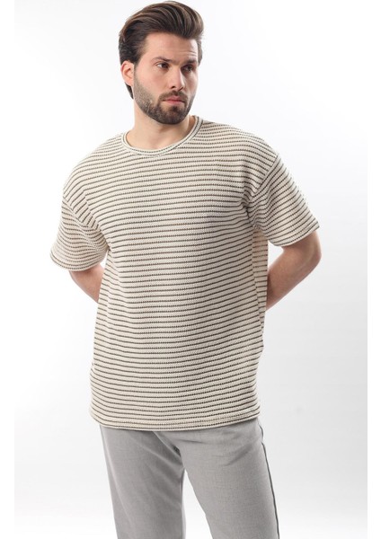 Haki Bisiklet Yaka Pamuklu Çizgili Erkek T-Shirt E7121 fiyatları