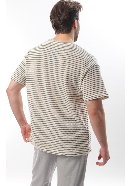 Haki Bisiklet Yaka Pamuklu Çizgili Erkek T-Shirt E7121 indirimleri