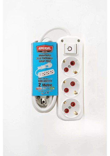 3' Lü Topraklı Anahtarlı 2 Metre Kablolu Grup Priz