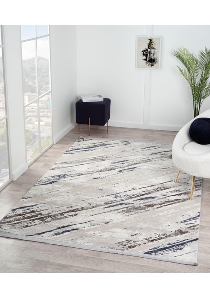 Toledo Gri Halı Lacivert Detaylı Modern Akrilik Halı Pamuk Taban Tozuaz Salon Halısı Koridor Halısı