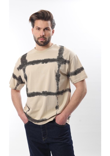 Bej Bisiklet Yaka Baskılı Basic Erkek T-Shirt E7109