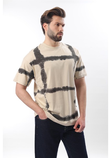 Bej Bisiklet Yaka Baskılı Basic Erkek T-Shirt E7109 fiyatları