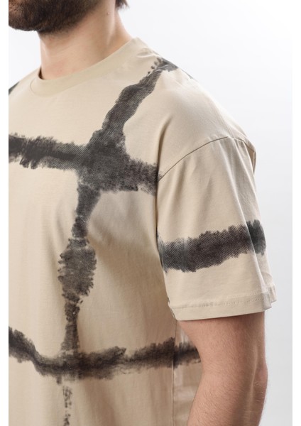 Bej Bisiklet Yaka Baskılı Basic Erkek T-Shirt E7109 modelleri