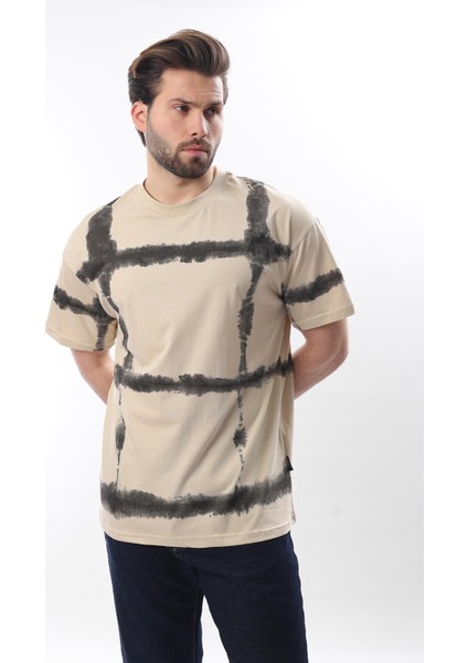 Bej Bisiklet Yaka Baskılı Basic Erkek T-Shirt E7109 fırsatları