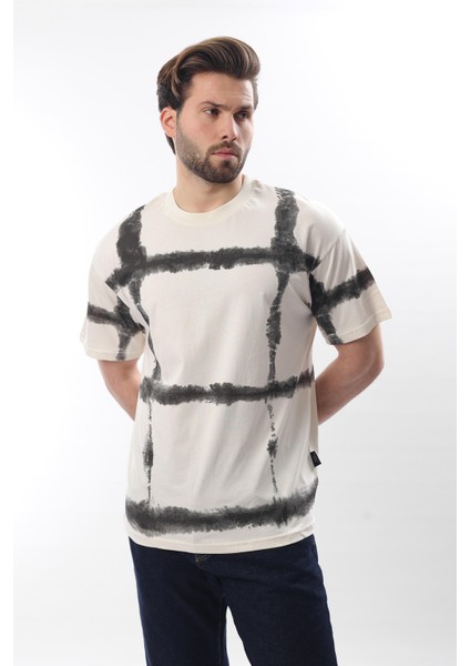 Ekru Bisiklet Yaka Baskılı Basic Erkek T-Shirt E7109