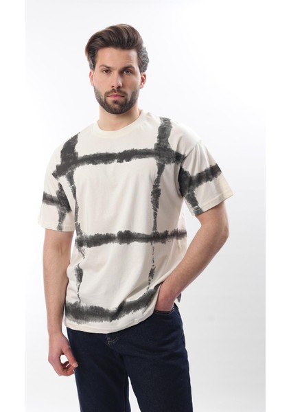 Ekru Bisiklet Yaka Baskılı Basic Erkek T-Shirt E7109