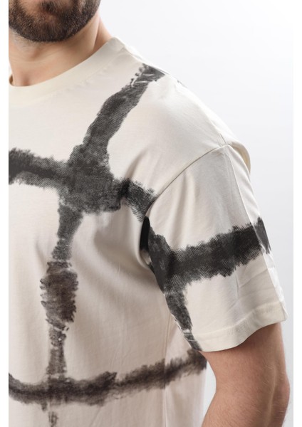 Ekru Bisiklet Yaka Baskılı Basic Erkek T-Shirt E7109