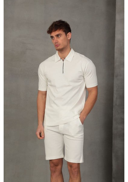 Beyaz Yarım Oversize Fermuarlı Erkek Şort Takımı fırsatları