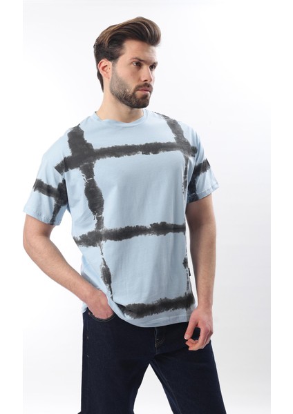 Bebe Mavisi Bisiklet Yaka Baskılı Basic Erkek T-Shirt E7109