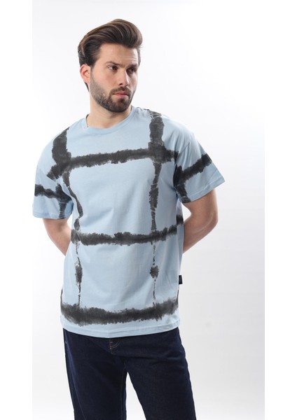 Bebe Mavisi Bisiklet Yaka Baskılı Basic Erkek T-Shirt E7109