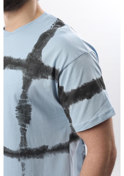 Bebe Mavisi Bisiklet Yaka Baskılı Basic Erkek T-Shirt E7109