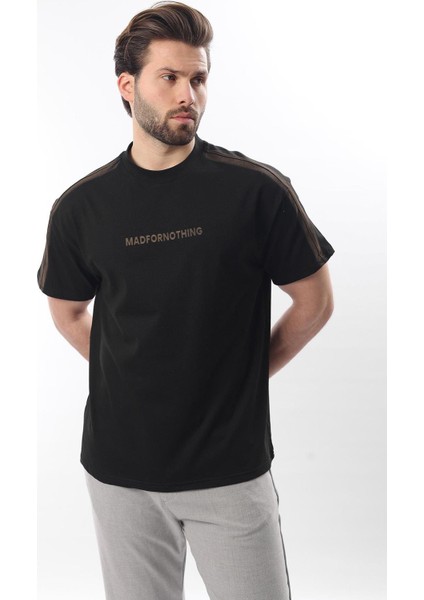 Siyah Bisiklet Yaka Baskılı Erkek T-Shirt E7110