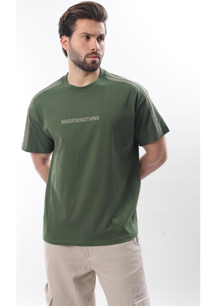 Haki Bisiklet Yaka Baskılı Erkek T-Shirt E7110