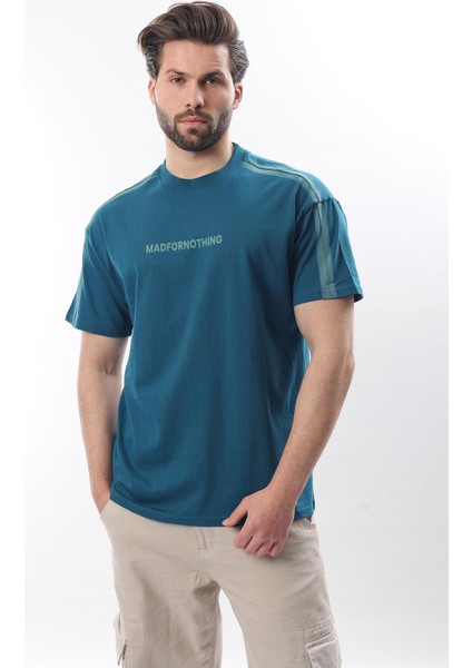 Petrol Mavisi Bisiklet Yaka Baskılı Erkek T-Shirt E7110