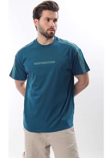 Petrol Mavisi Bisiklet Yaka Baskılı Erkek T-Shirt E7110 fiyatları