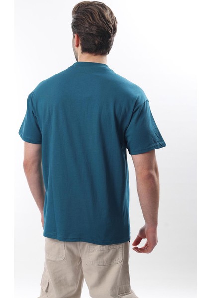 Petrol Mavisi Bisiklet Yaka Baskılı Erkek T-Shirt E7110 fırsatları