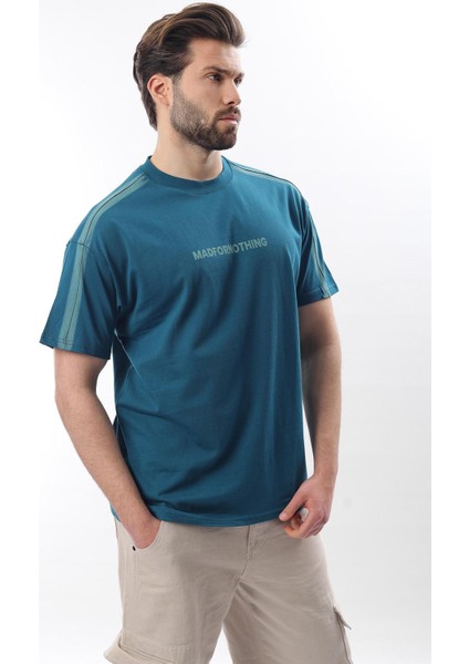 Petrol Mavisi Bisiklet Yaka Baskılı Erkek T-Shirt E7110 indirimleri