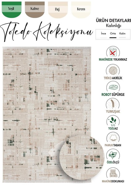 Toledo Bej Halı Yeşil Halı Vizon Halı Akrilik Iplik Dokuma Halı Geometrik Desenli Koridor Halısı