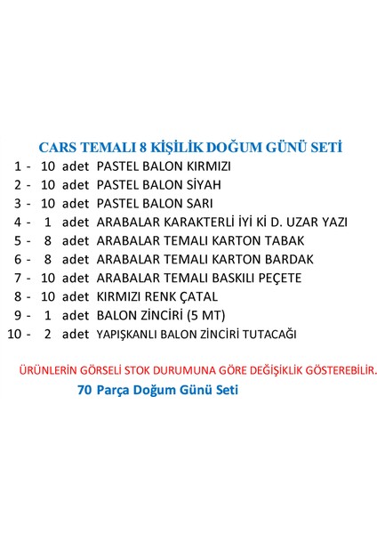 Arabalar Temalı 8 Kişilik Doğum Günü Seti