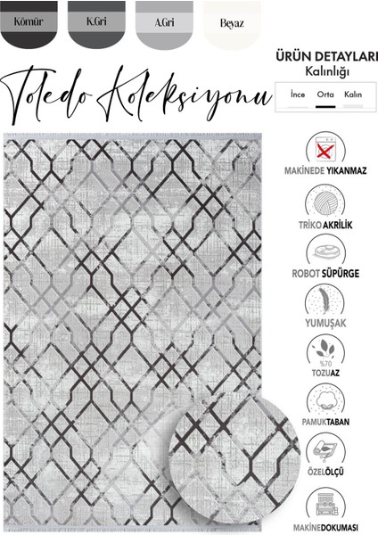 Toledo Gri Halı Antrasit Detaylı Geometrik Desen Modern Akrilik Tozuaz Koridor Mutfak Oda Halısı