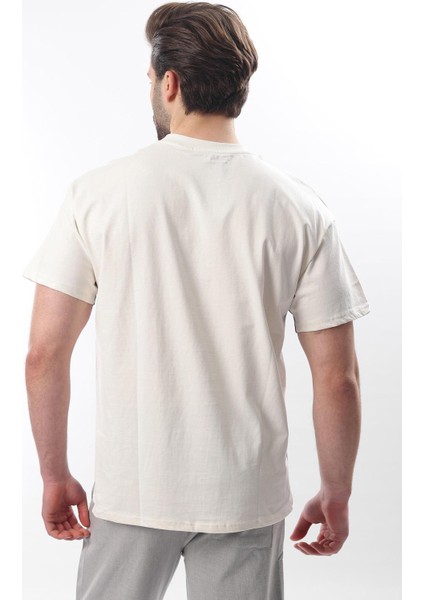 Ekru Overfit Garnili Erkek T-Shirt E7104