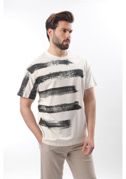 Ekru Baskılı Regular Fit Erkek T-Shirt E7107