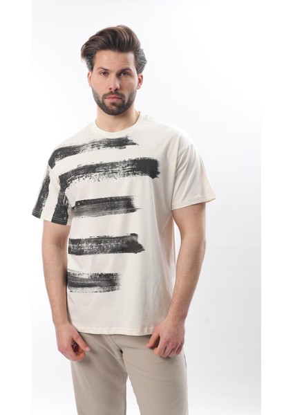 Ekru Baskılı Regular Fit Erkek T-Shirt E7107