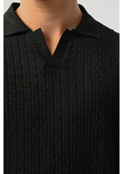 Premium Gölge Dokulu Polo Yaka Erkek T-Shirt - Siyah