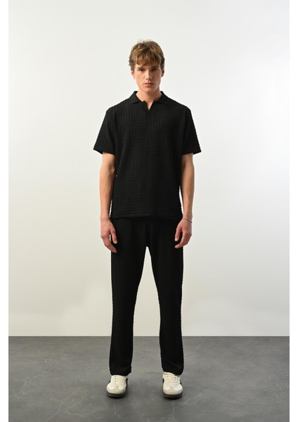 Premium Gölge Dokulu Polo Yaka Erkek T-Shirt - Siyah
