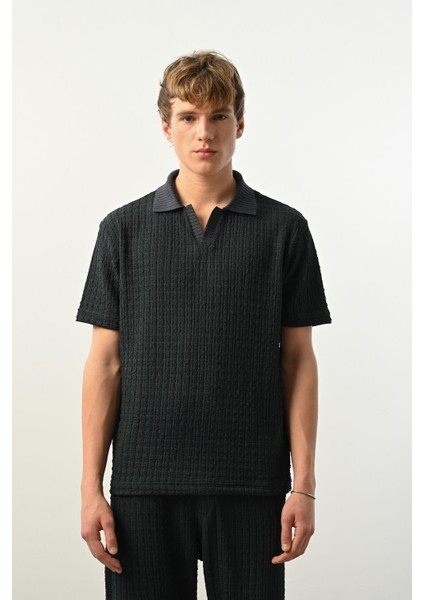 Premium Gölge Dokulu Polo Yaka Erkek T-Shirt - Petrol