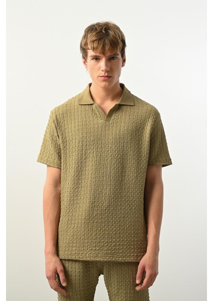 Premium Gölge Dokulu Polo Yaka Erkek T-Shirt - Çağla