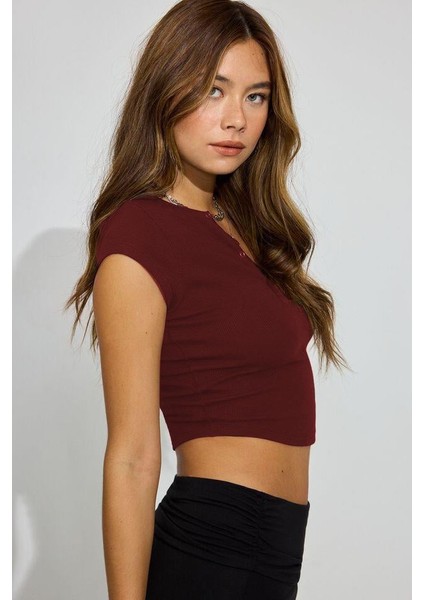 Bordo Henley Çıt Kapamalı Kadın Tişört MG2306