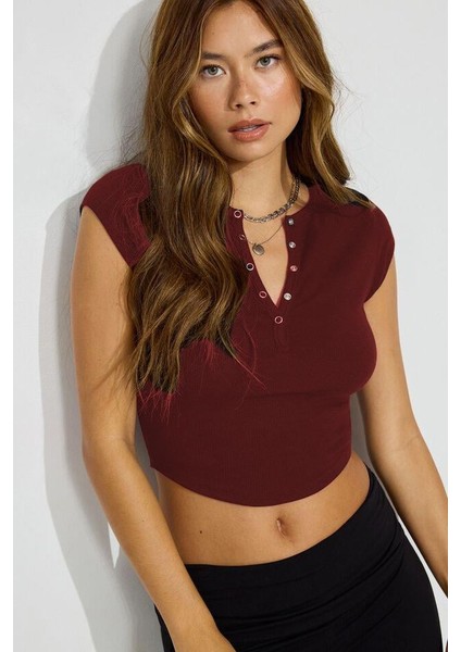 Bordo Henley Çıt Kapamalı Kadın Tişört MG2306 modelleri