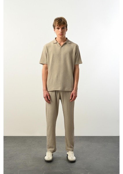 Premium Gölge Dokulu Polo Yaka Erkek T-Shirt - Bej